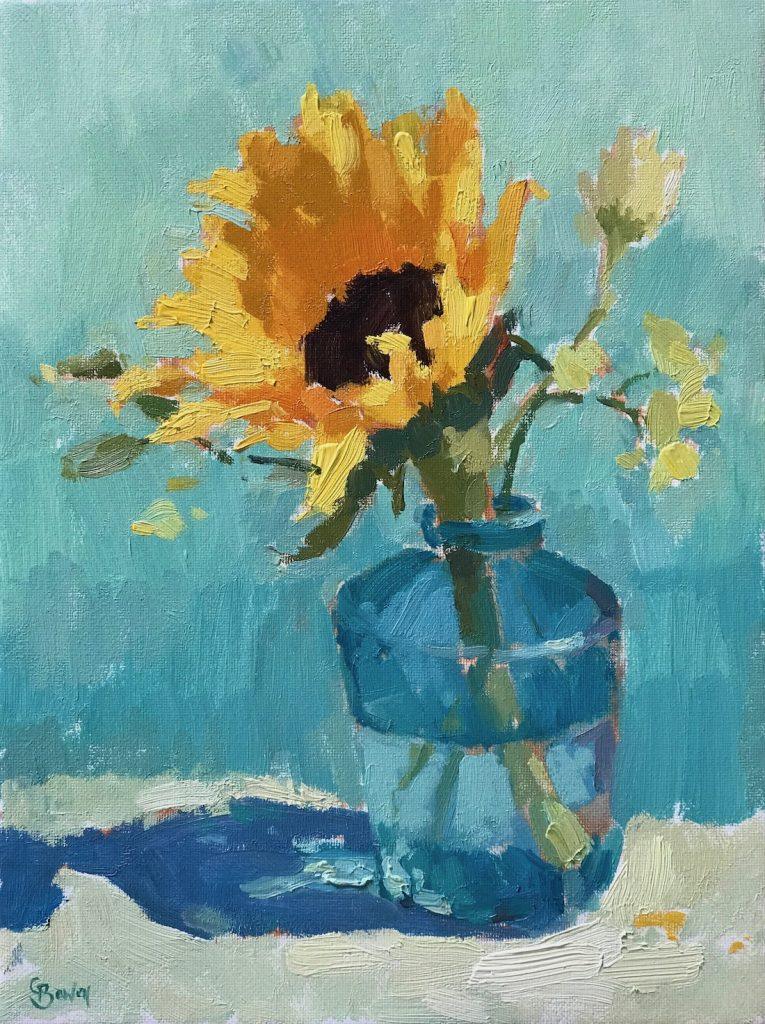 Sunflower in Turquoise Bottle