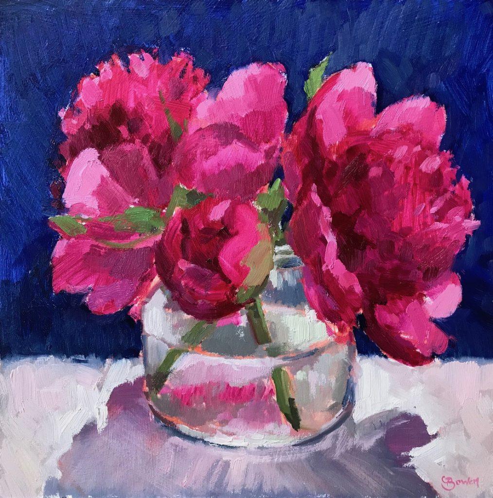 Bright Pink Peonies in Glass Jar