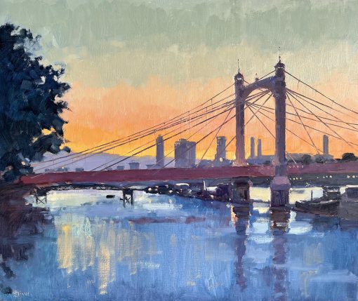 Dawn orange sky-glow and blue Thames frame Albert Bridge