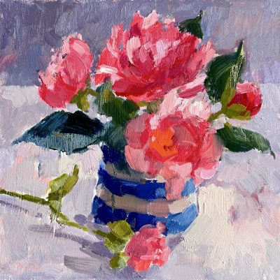 Oil painting of pink peony flowers in a blue and white striped jug