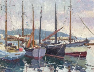 Oil painting of classic old boats moored before race day at Falmouth