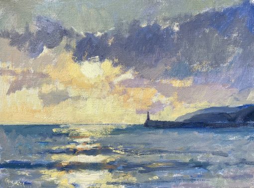 Oil painting of silhouetted lighthouse against sea and morning sky