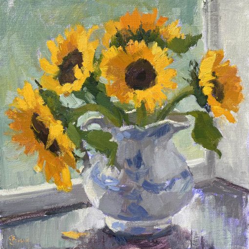 Oil painting of sunflowers in a blue and white jug