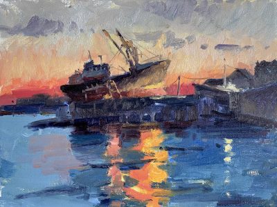 Oil painting of a boat on the dry docks ramp at sunrise