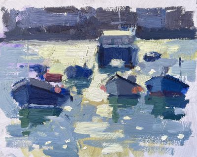Oil sketch of boats in St Ives harbour