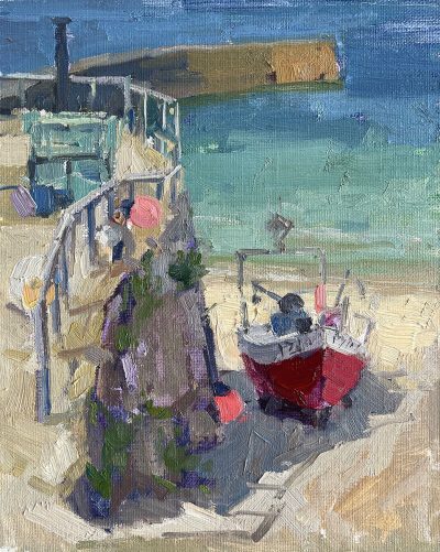 Oil painting of red boat in the shade of the harbour wall at Sennen cove