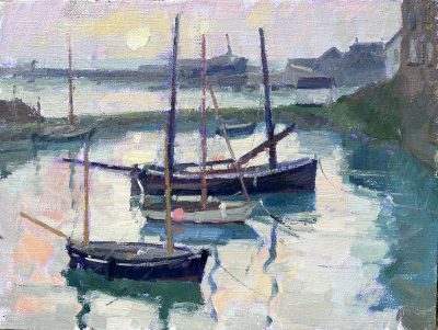 Oil painting of boats in Newlyn old harbour in a pearly dawn light