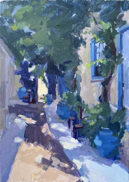 Oil painting of dappled light in a narrow white Greek alley with blue pots