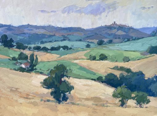 Oil painting of rolling French fields dotted with trees towards Lectoure