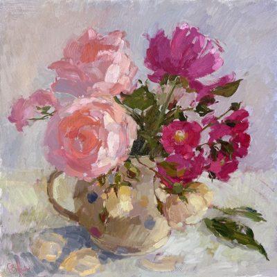 Peach & Pink Roses in a spotted Jug