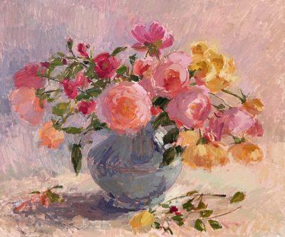 Roses & Peonies in Blue Jug