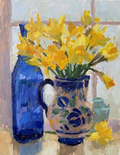 Daffodils, Blue Bottle & Handpainted Jug